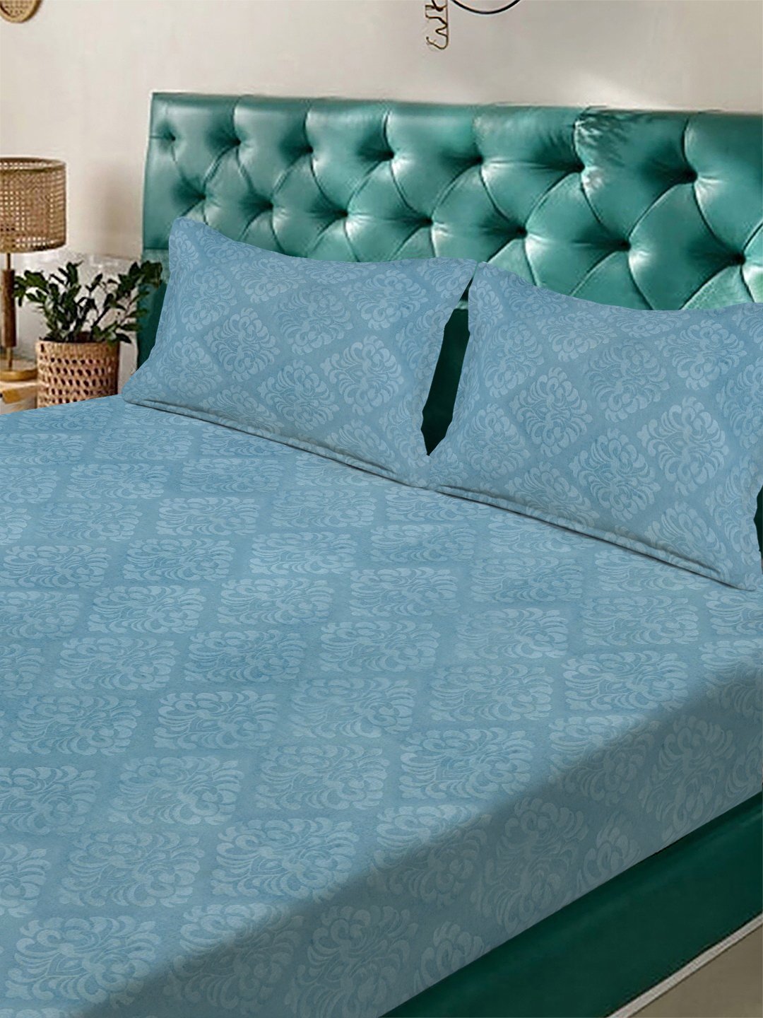 Turquoise Floral Embossed Cotton Blend Fitted Double Bedsheet with 2 Pillow Covers