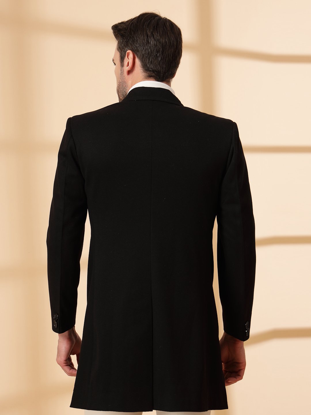 Black Long Sleeve Double-Breasted Woolen Coat