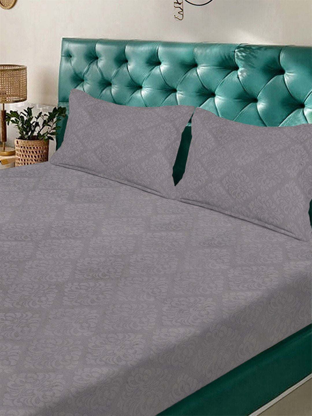 Grey Floral Embossed Cotton Blend Double Bedsheet with 2 Pillow Covers