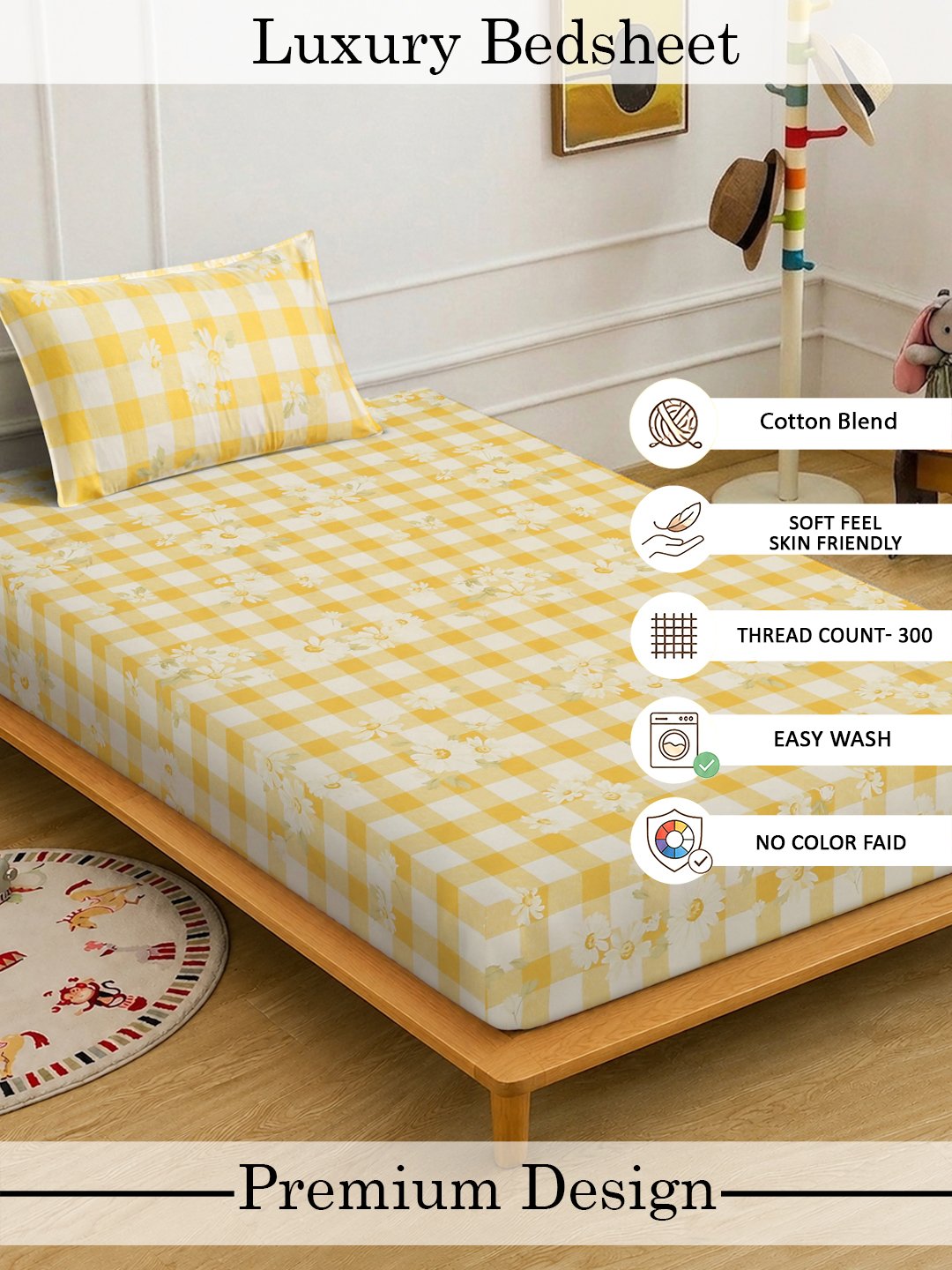 Yellow Floral Cotton Blend Single Bedsheet with Pillow Cover