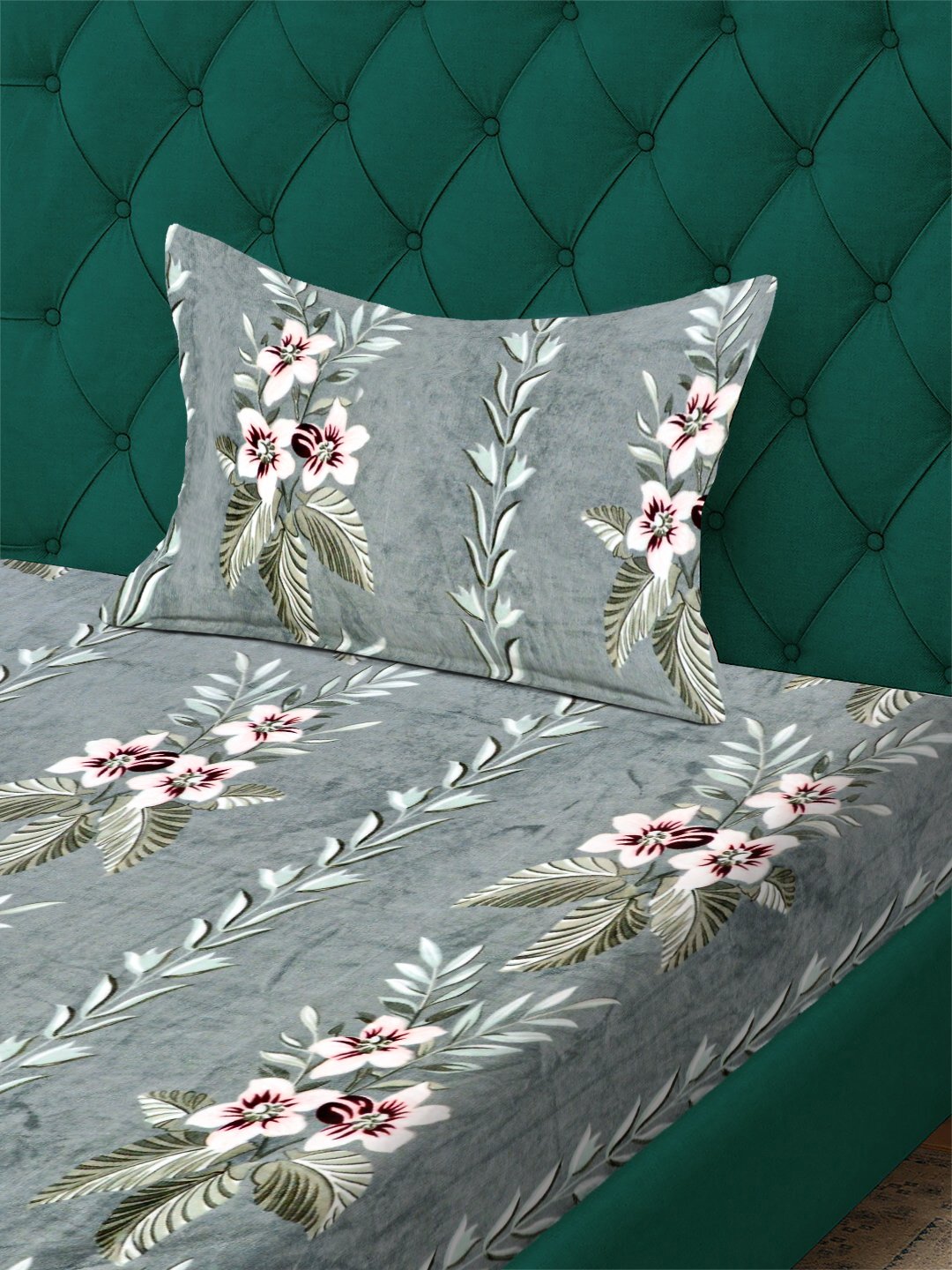 Green Floral Woolen Single Bedsheet with Pillow Cover