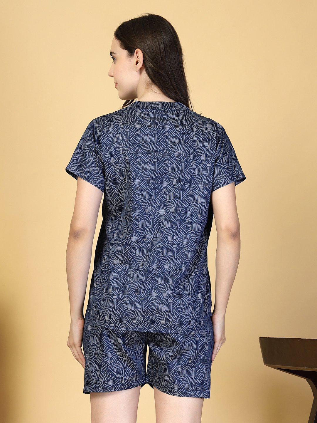 Women Navy Blue Abstract Pure Cotton Night Suit