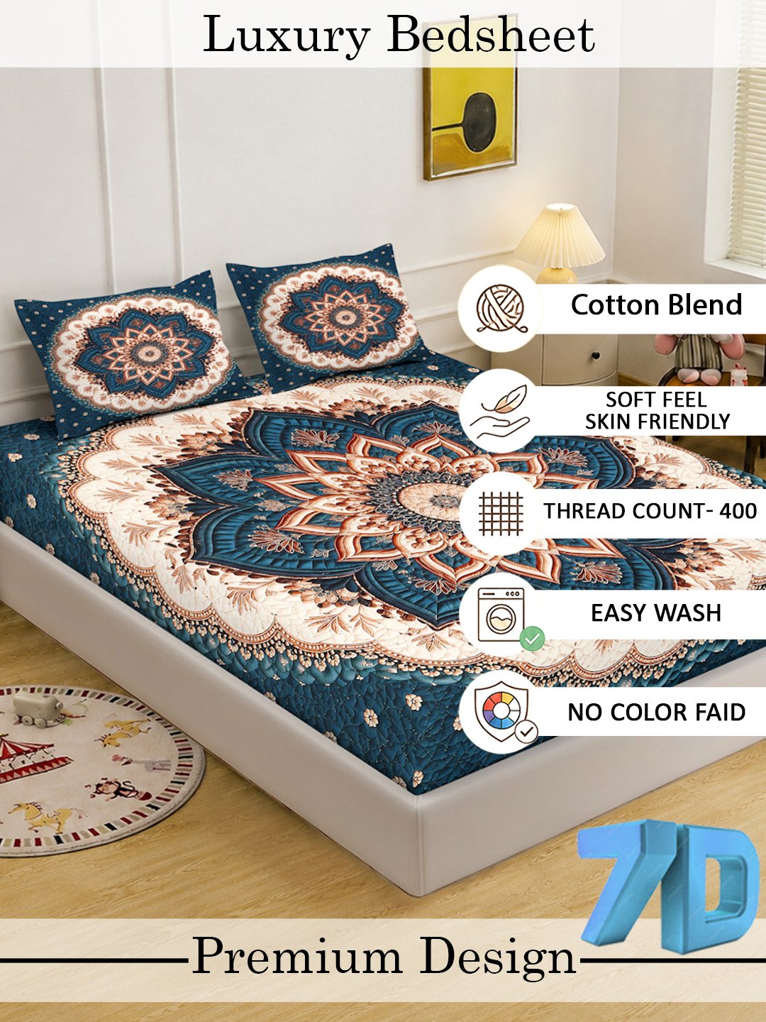 Digital Printed Blue Floral Cotton Blend Double Bedsheet with 2 Pillow Covers