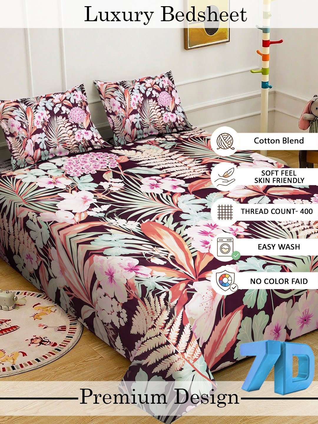 Multi Digital Floral Printed Cotton Blend Double Bedsheet with 2 Pillow Covers