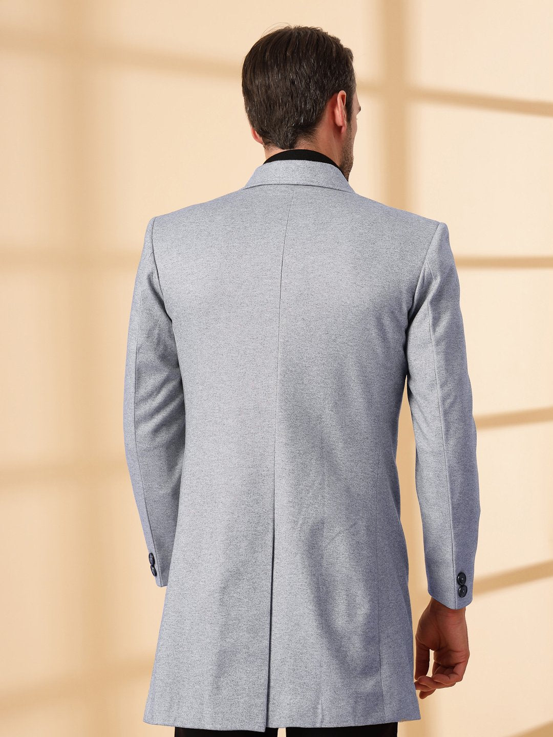 Grey Long Sleeve Double-Breasted Woolen Coat