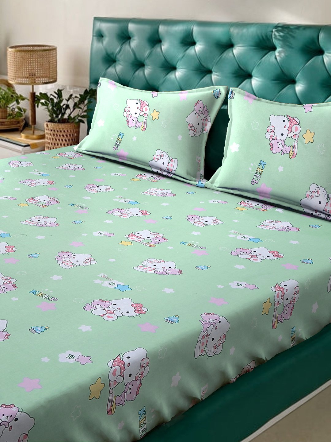 Green Cartoon Characters 400 TC Pure Cotton Double Bedsheet with 2 Pillow Covers