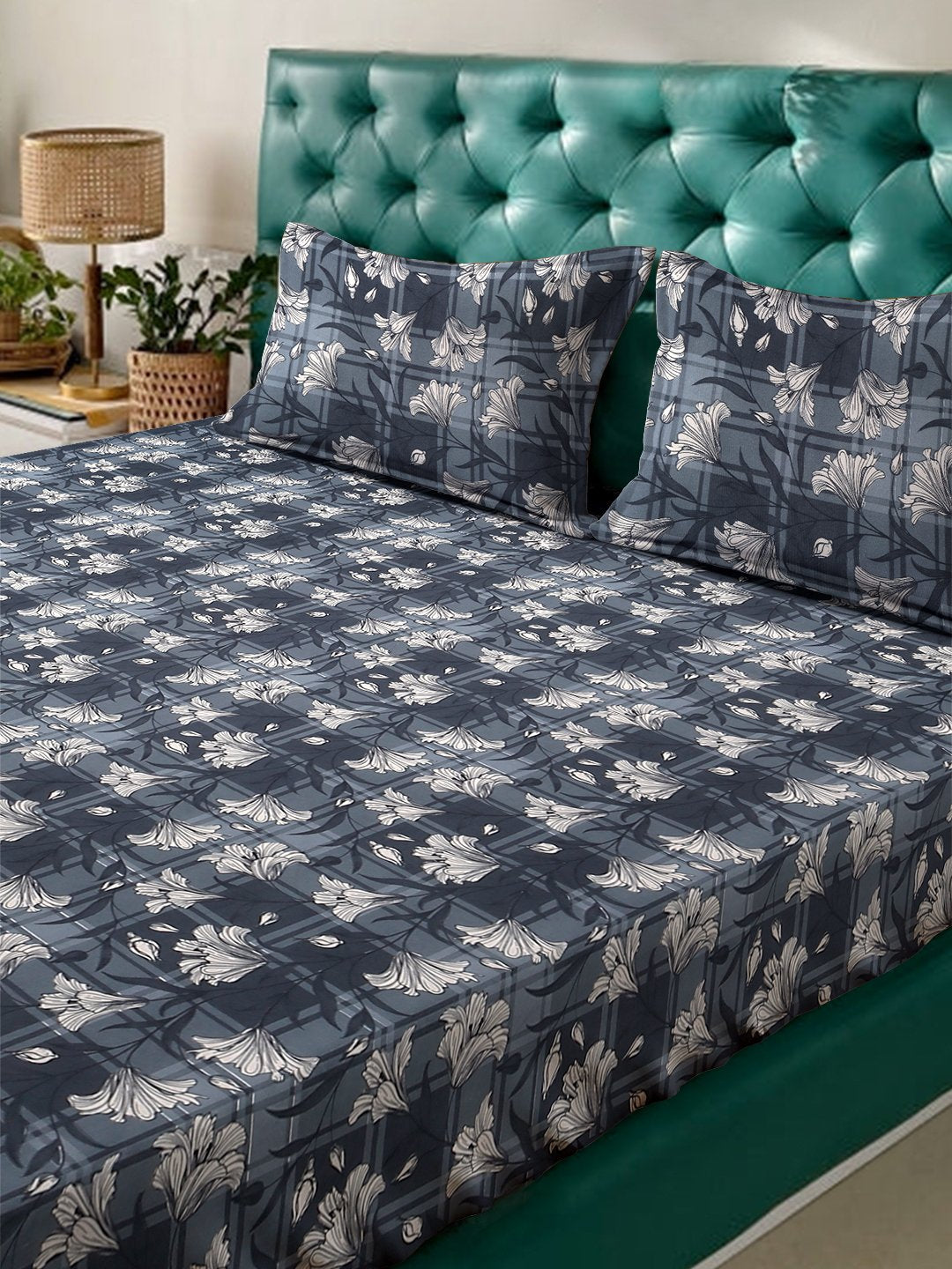 Grey Floral  300 TC Cotton Blend Double Bedsheet in Book Fold Packing