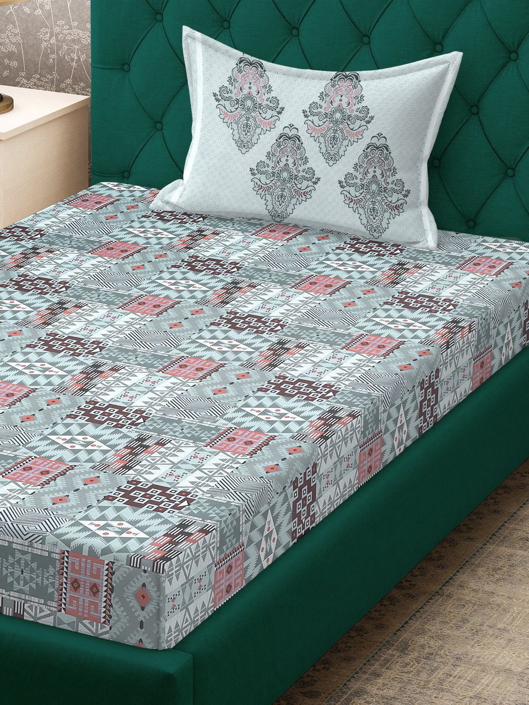 Grey Geometric 400 TC Pure Cotton Fitted Single Bedsheet with Pillow Cover