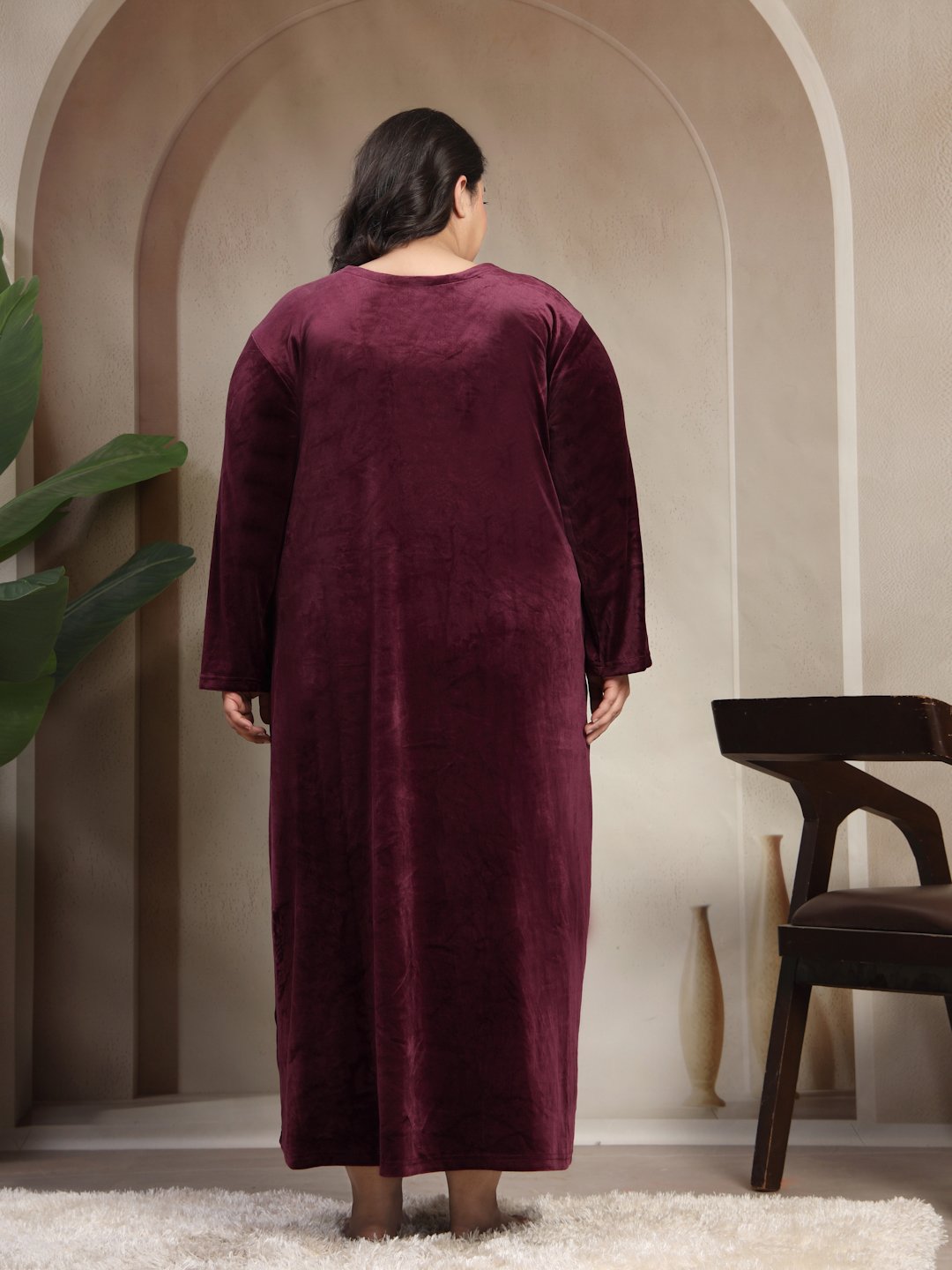 Klotthe Wine Solid Soft touch Velvet Maxi Nightdress