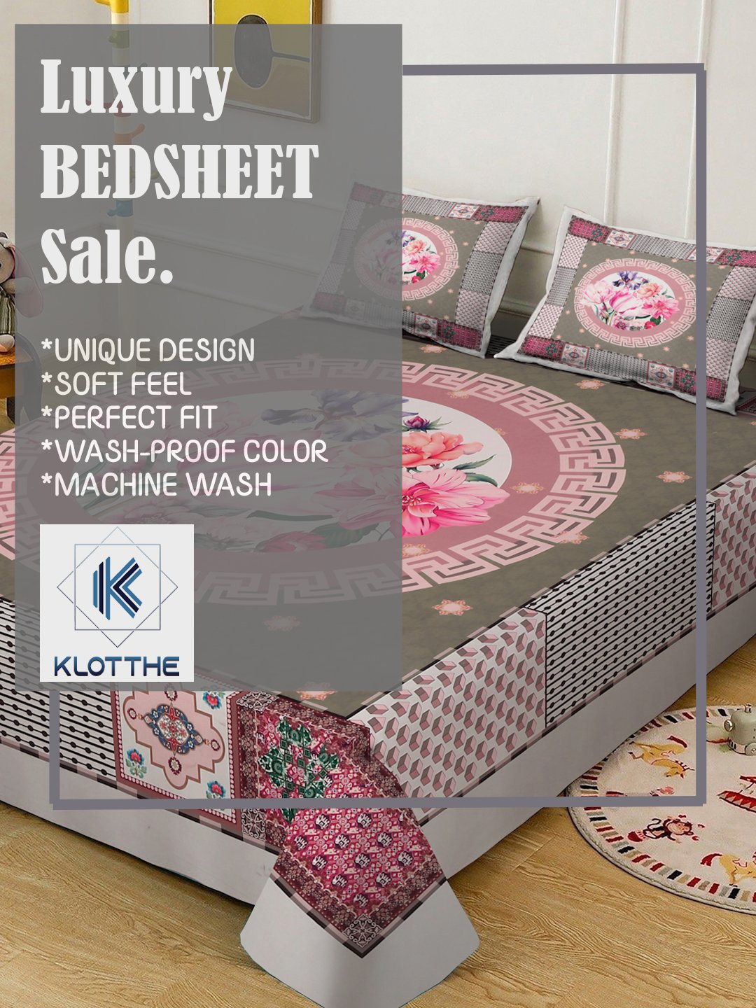Multi Digital Floral Printed Cotton Blend Fitted Double Bedsheet with 2 Pillow Covers