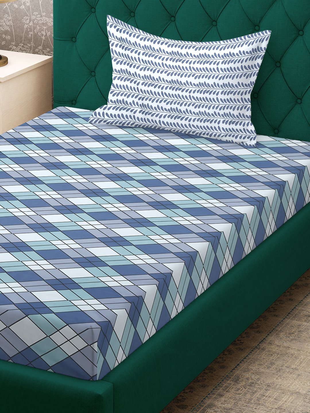 Multi Geometric 300 TC Cotton Blend Fitted Single Bedsheet with Pillow Cover