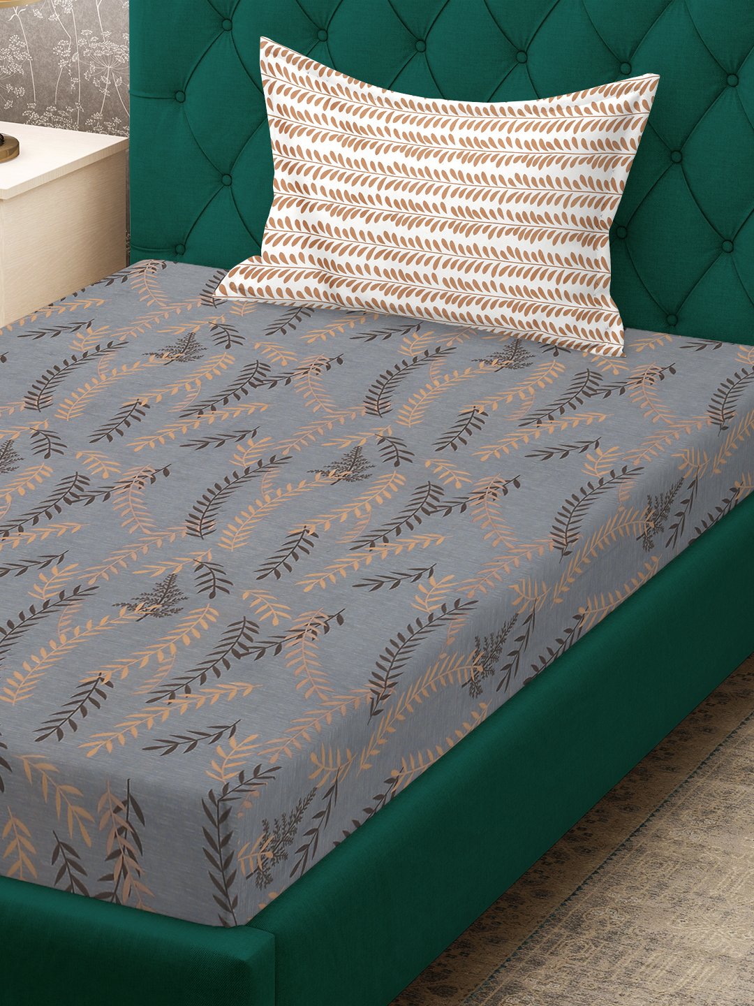 Grey Floral 300 TC Cotton Blend Single Bedsheet in Book Fold Packing