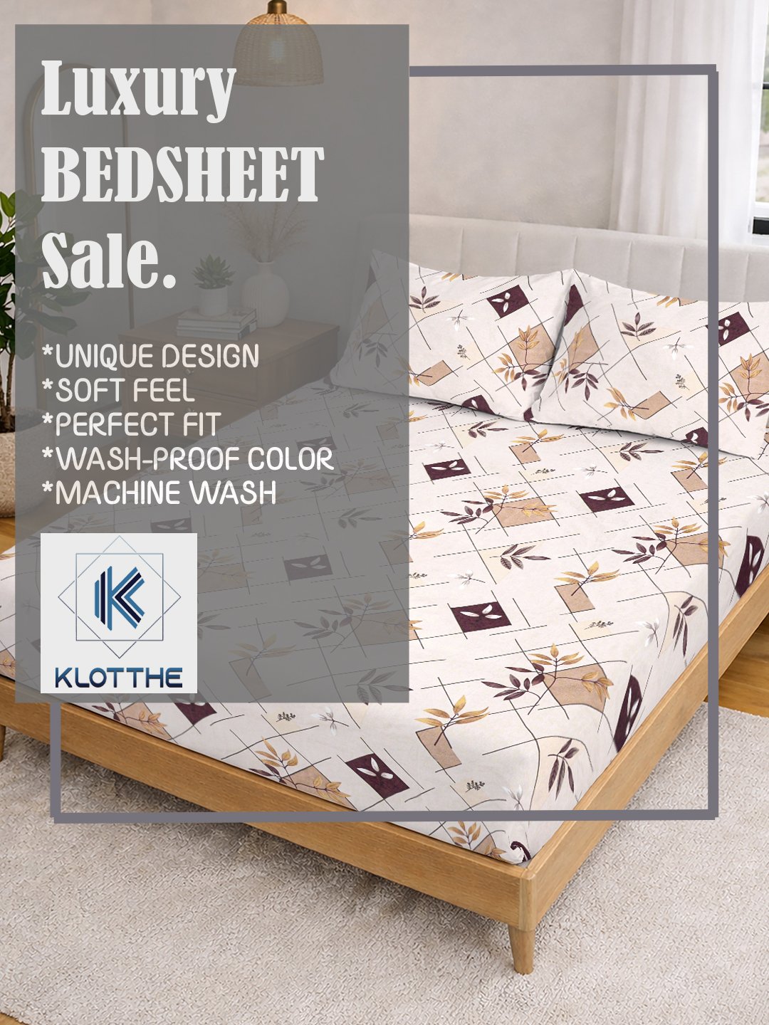 Cream Geometric Cotton Blend Double Bedsheet with 2 Pillow Covers