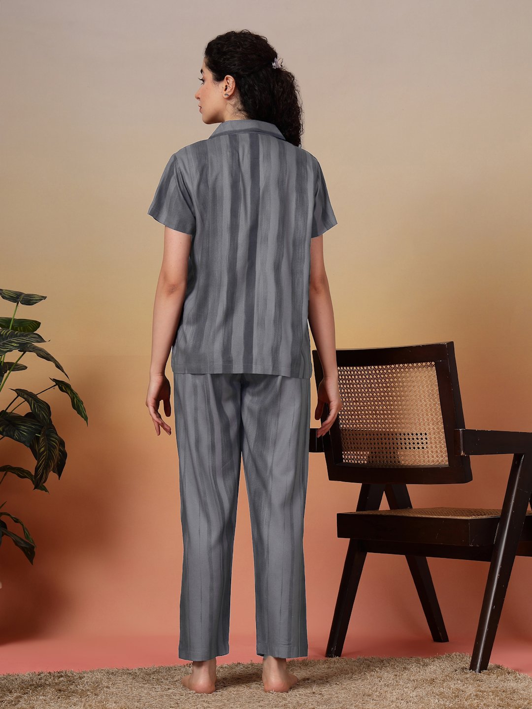 Women Grey Striped Pure Cotton Night Suit