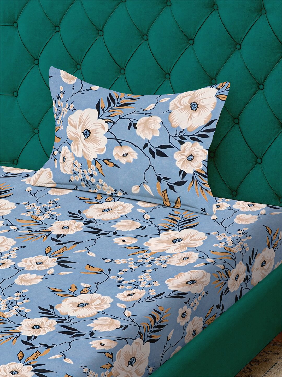 Blue Floral 300 TC Cotton Blend Fitted Single Bedsheet with Pillow Cover