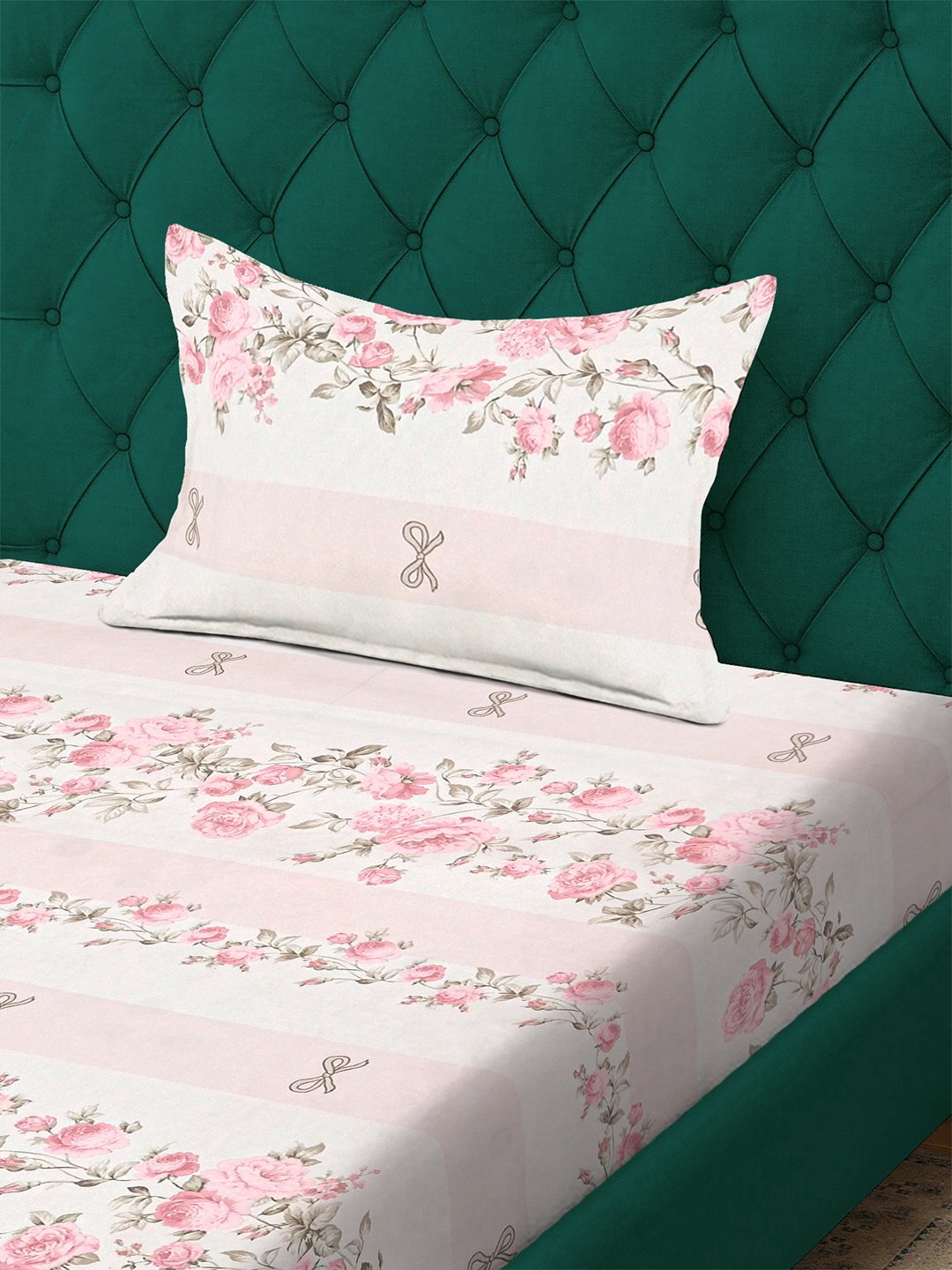 Pink Floral 300 TC Cotton Blend Single Bedsheet with Pillow Cover