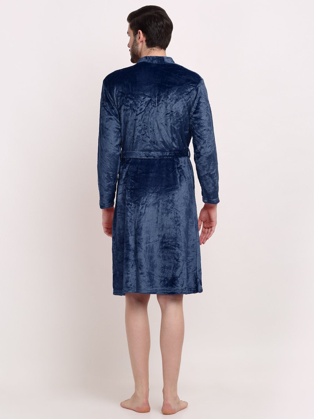Men Blue Solid Wool Bath Robe With Belt
