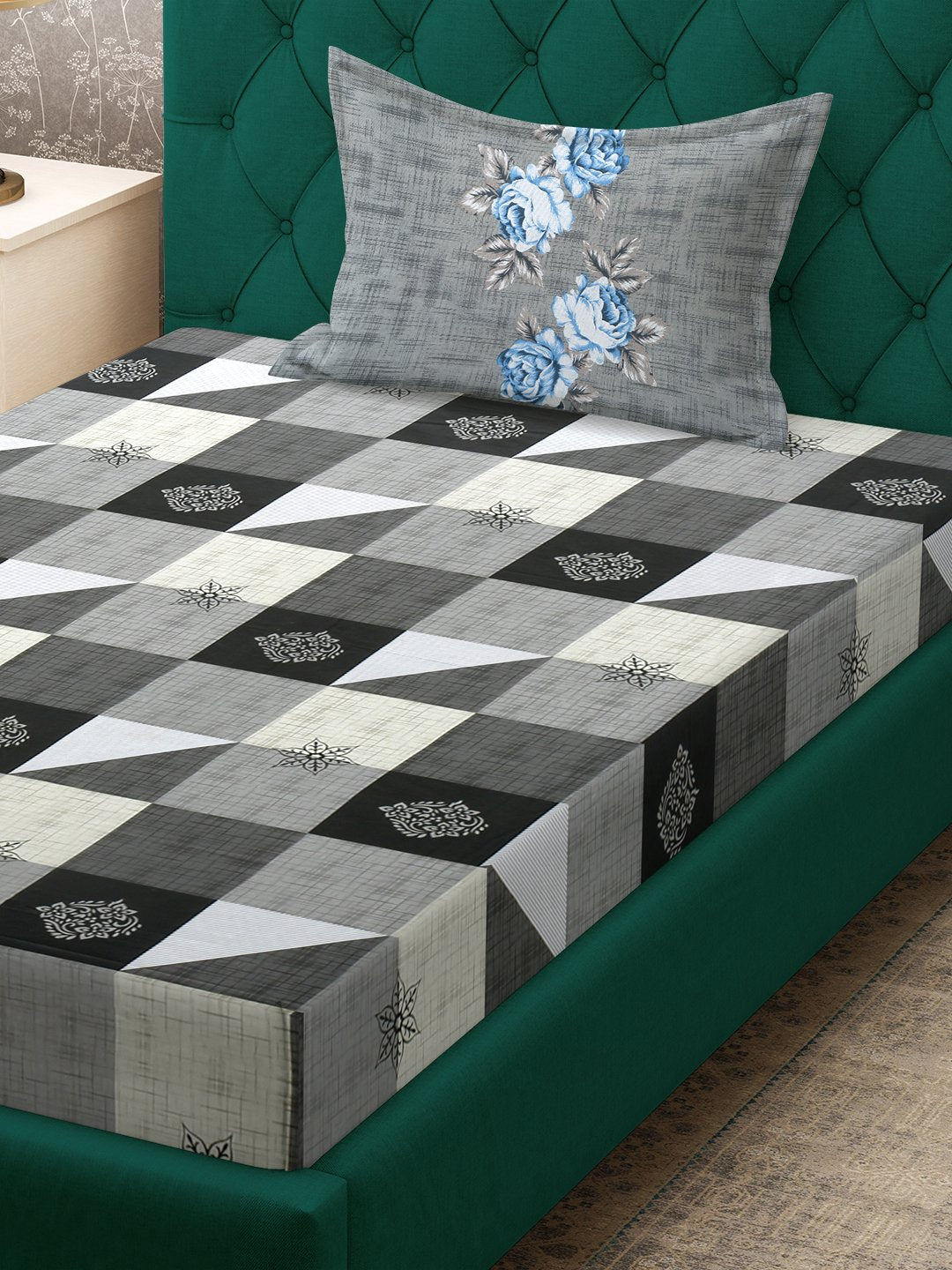 Grey Geometric 400 TC Pure Cotton Single Bedsheet with Pillow Cover