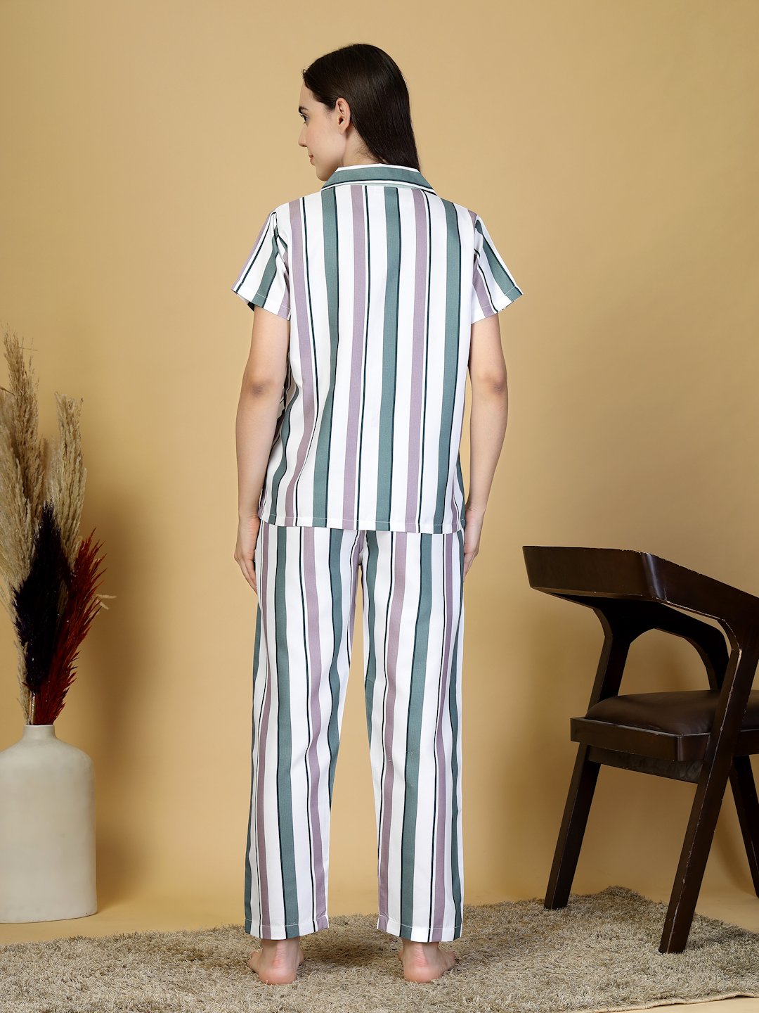 Women Multi Striped Cotton Blend Night Suit