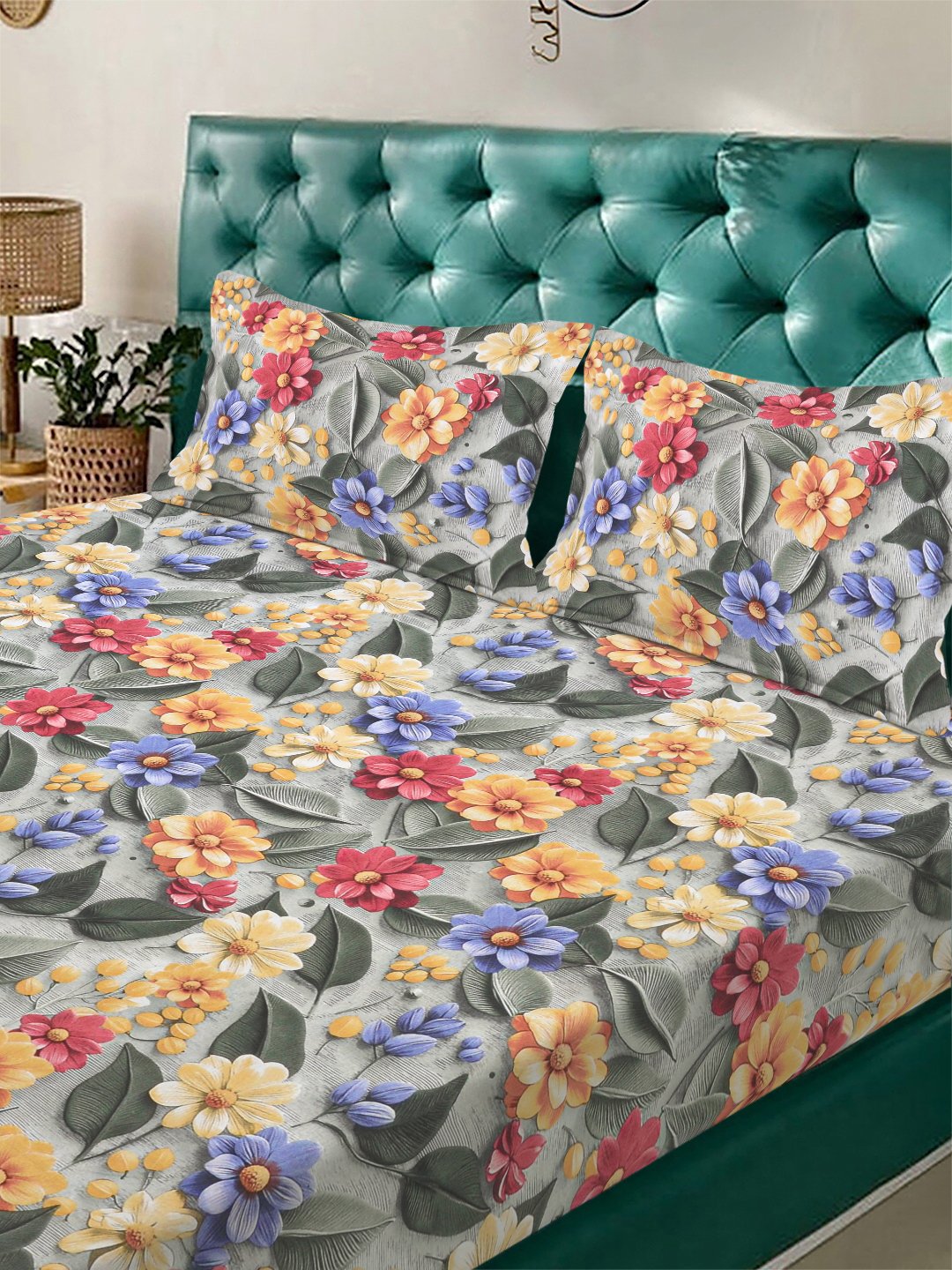 Green Floral 7D King Size Cotton Blend Fitted Double Bedsheet with 2 Pillow Covers