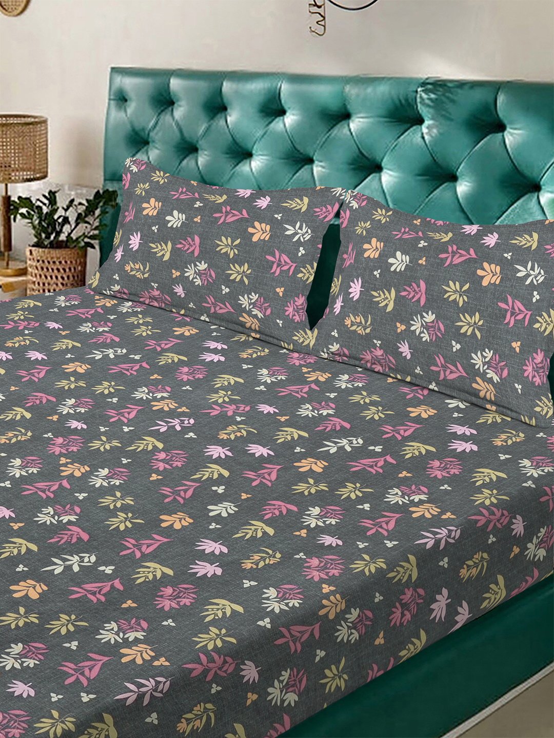 Grey Floral 300 TC Cotton Blend Double Bedsheet with 2 Pillow Covers
