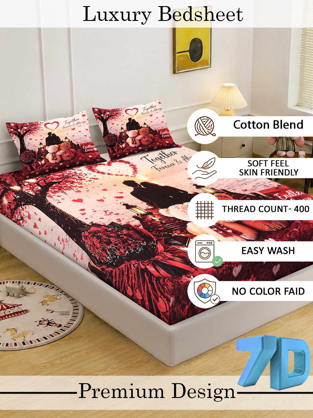 Digital Printed Red Conversational Cotton Blend Double Bedsheet with 2 Pillow Covers