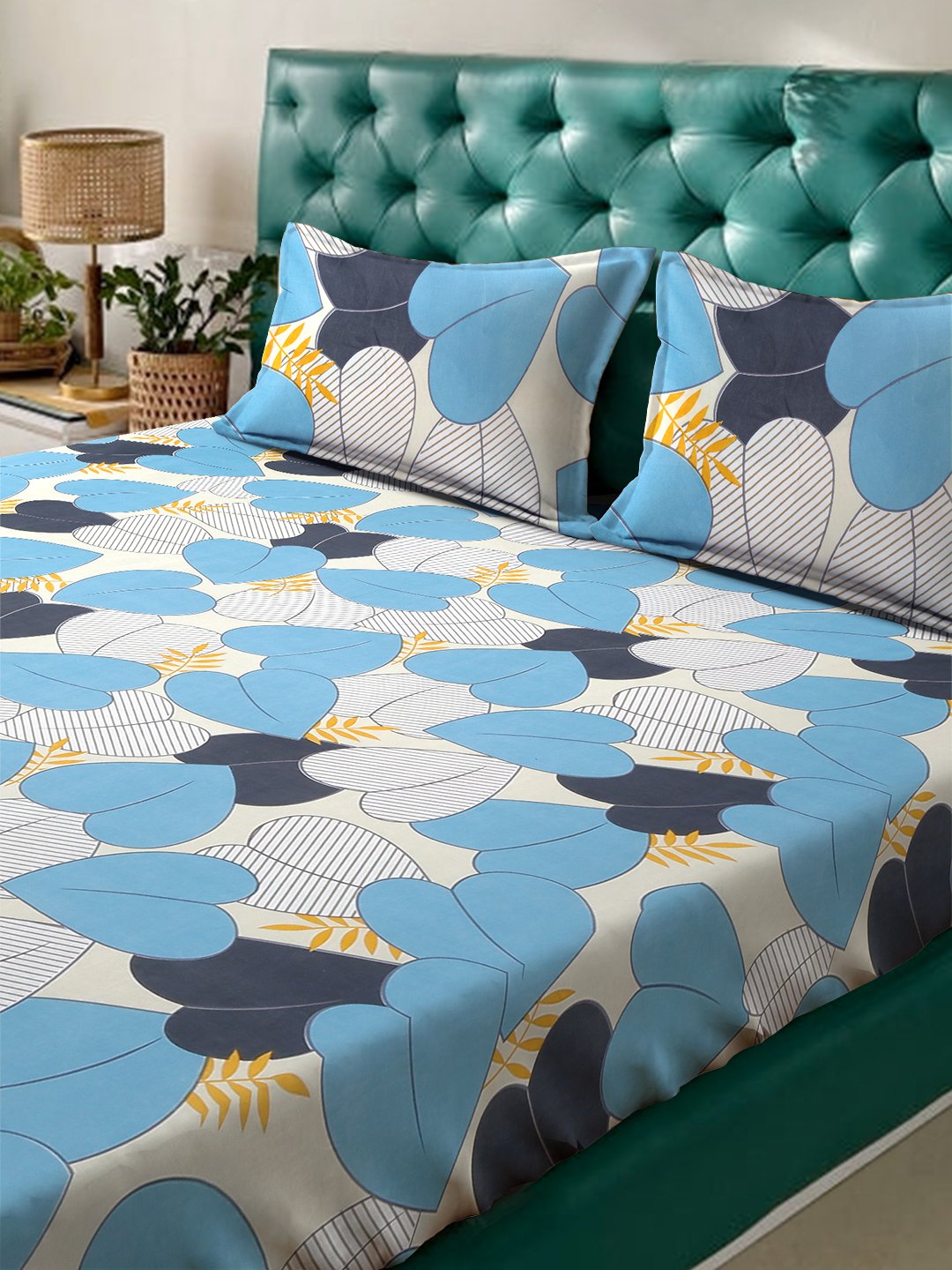 Book Fold Blue Floral 300 TC Cotton Blend Double Bedsheet with 2 Pillow Covers