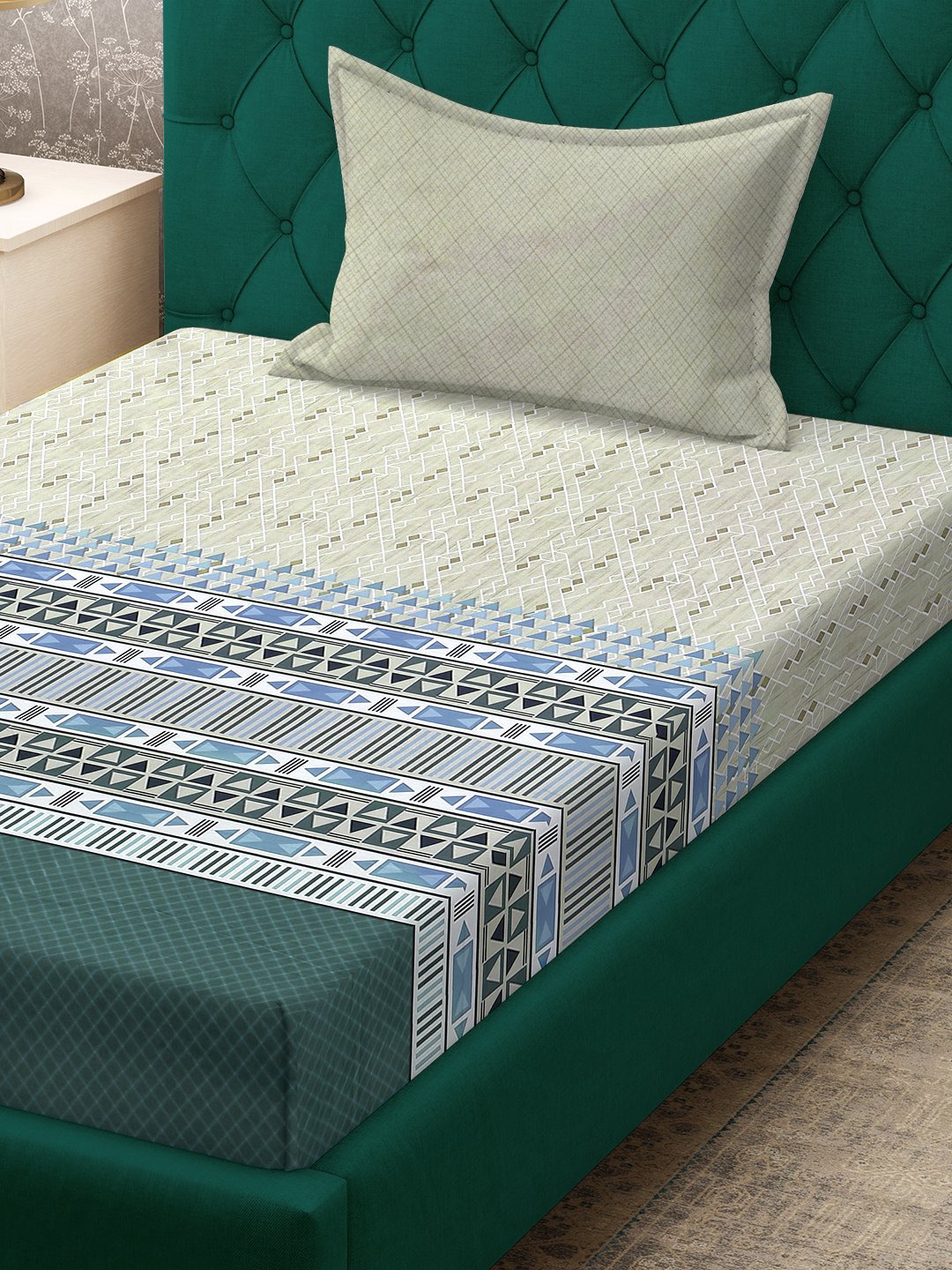 Olive Geometric 400 TC Pure Cotton Single Bedsheet with Pillow Cover