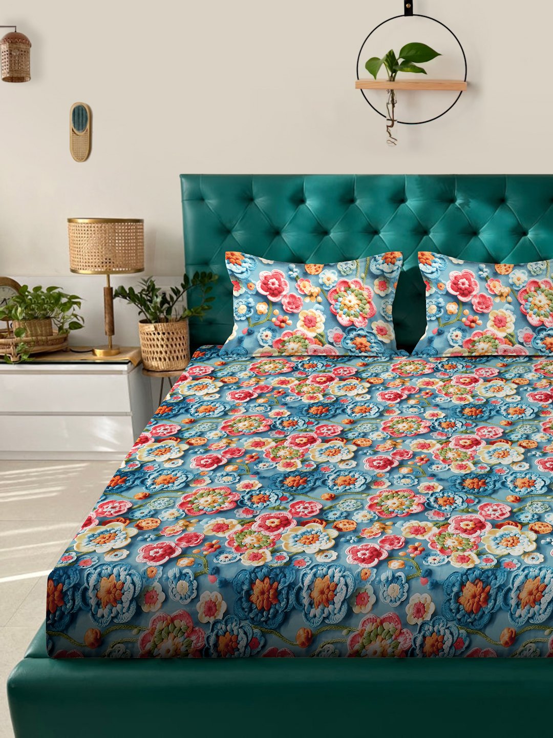 Blue Floral 7D King Size Cotton Blend Fitted Double Bedsheet with 2 Pillow Covers