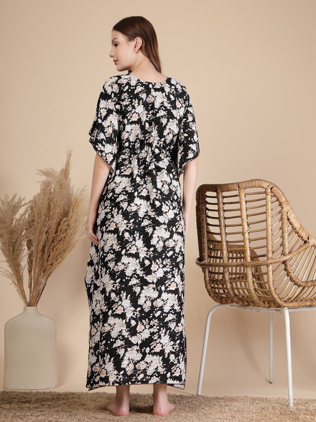Black Floral Cotton Blend Kaftan Maxi Nightdress