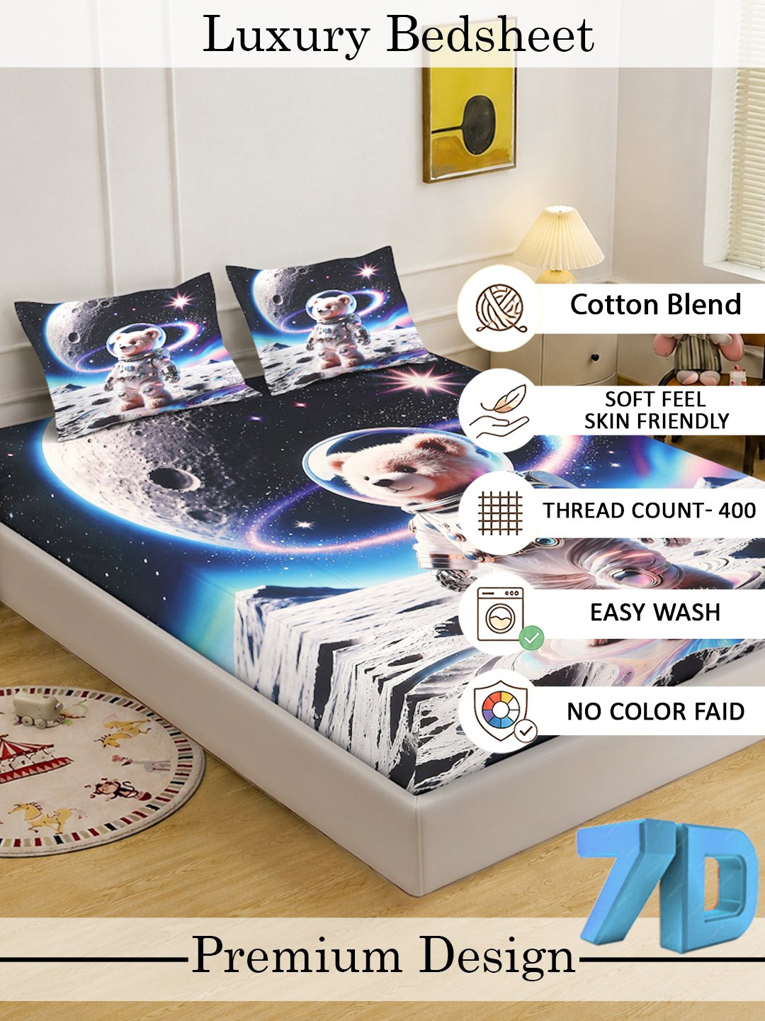 Digital Printed Multi Cartoon Characters Cotton Blend Double Bedsheet with 2 Pillow Covers