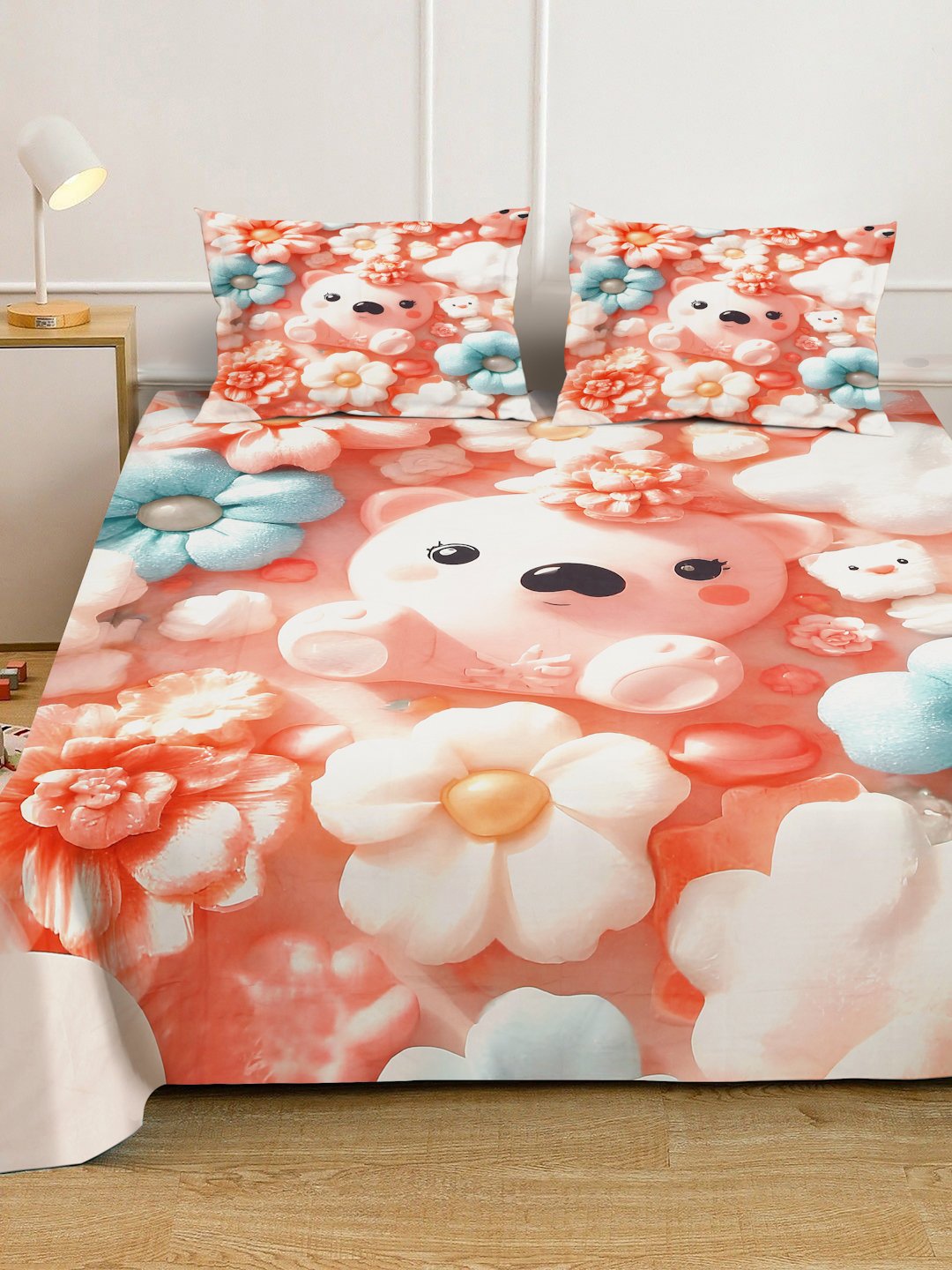 Orange 7D Cartoon Characters Printed Cotton Blend Double Bedsheet with 2 Pillow Covers