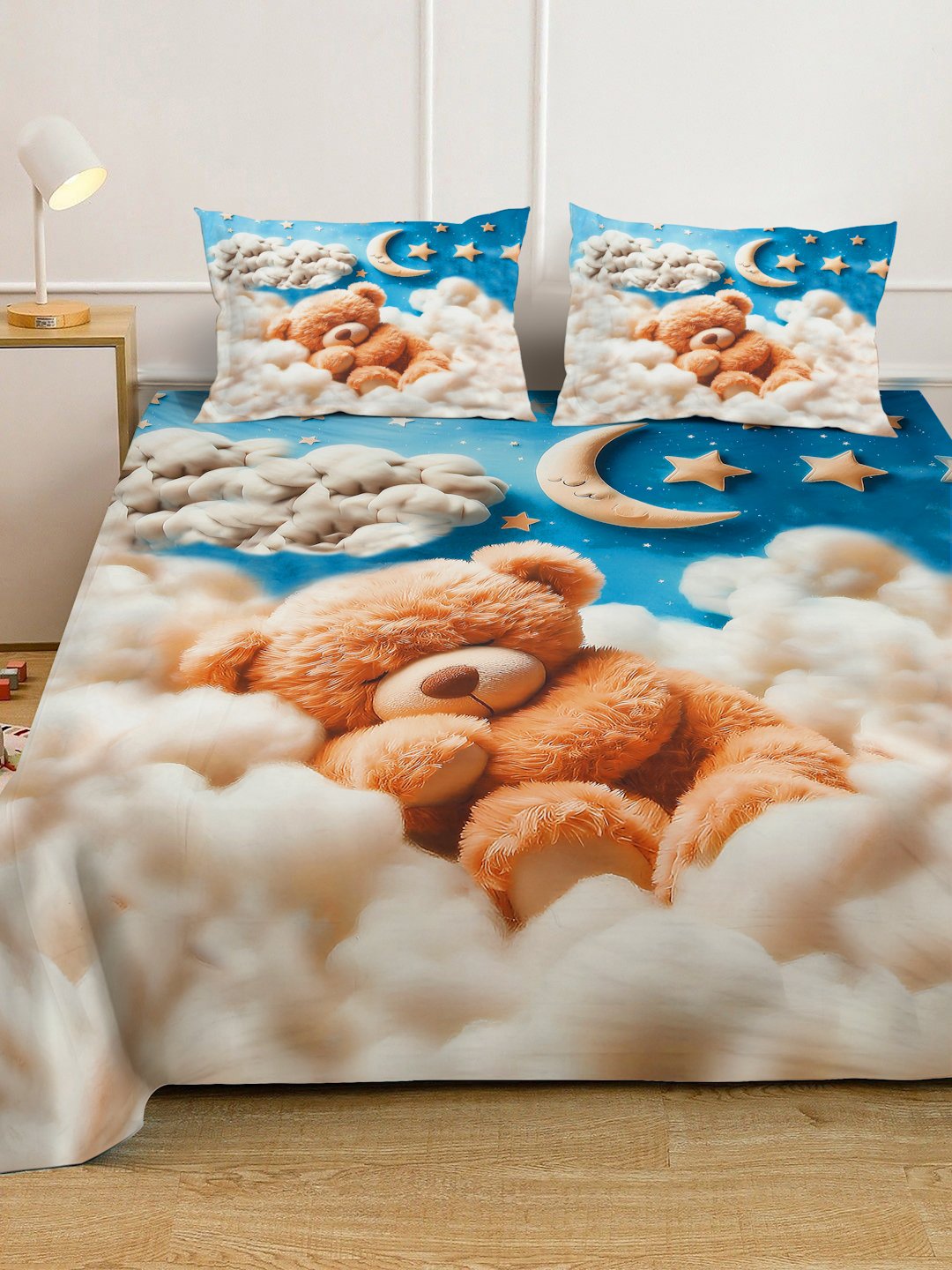 Multi 7D Cartoon Characters Printed Fitted Cotton Blend Double Bedsheet with 2 Pillow Covers