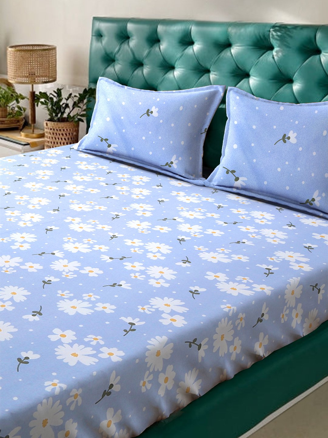 Blue Floral 300 TC Cotton Blend Double Bedsheet with 2 Pillow Covers