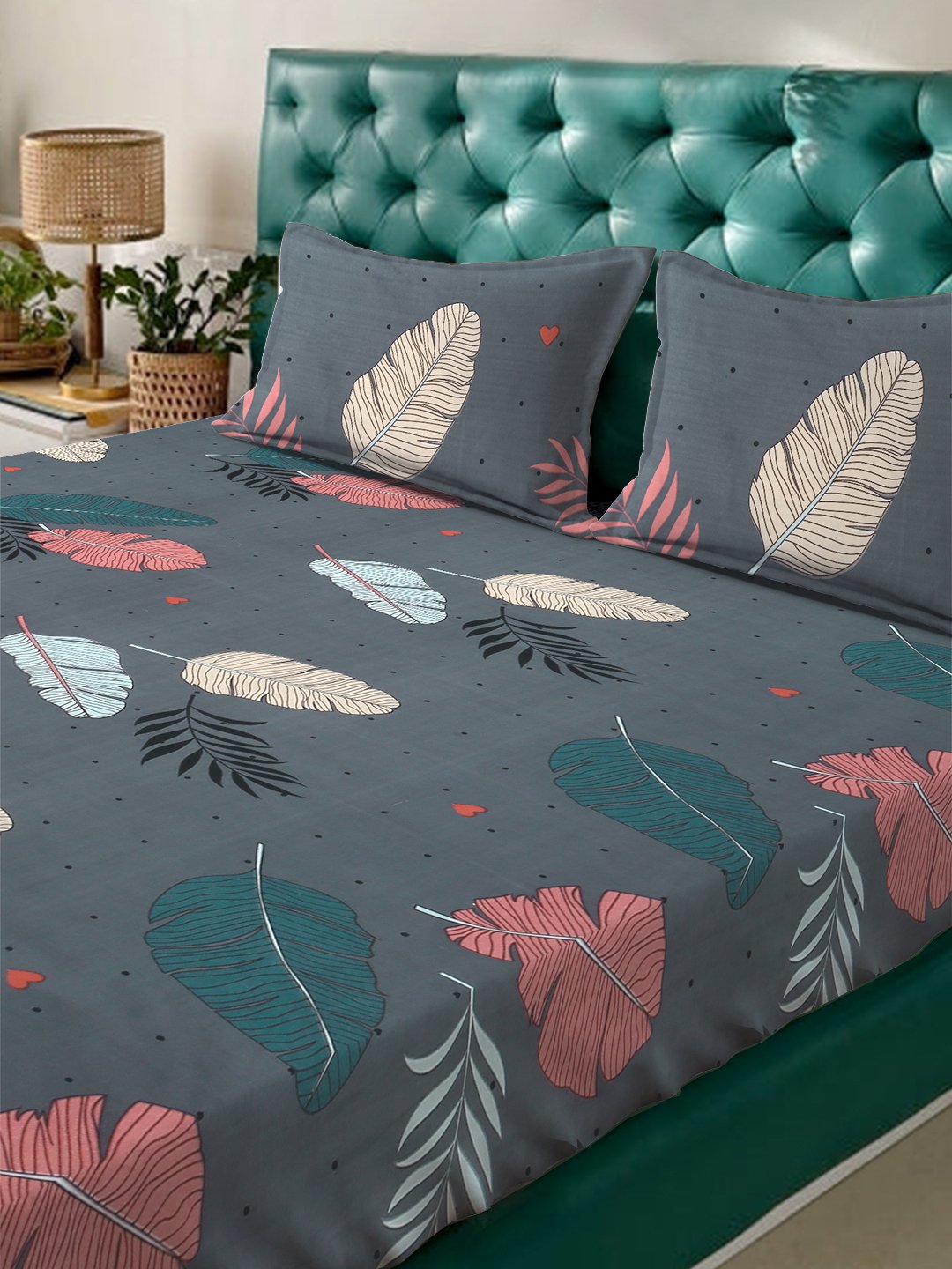 Grey Floral 300 TC Cotton Blend Double Bedsheet in Book Fold Packing