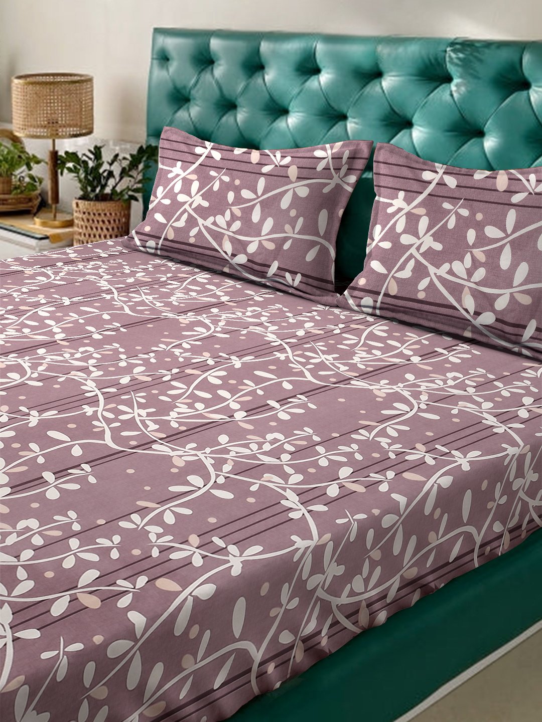 Purple Floral  300 TC Cotton Blend Double Bedsheet in Book Fold Packing