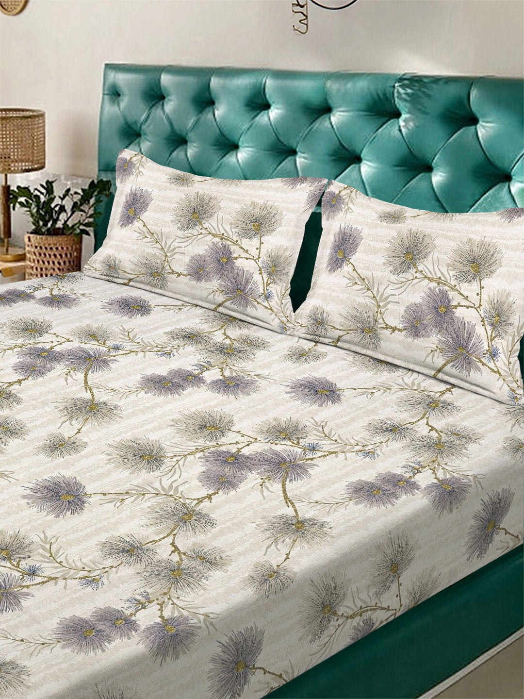 Beige Floral 300 TC Cotton Blend Fitted Double Bedsheet with 2 Pillow Covers