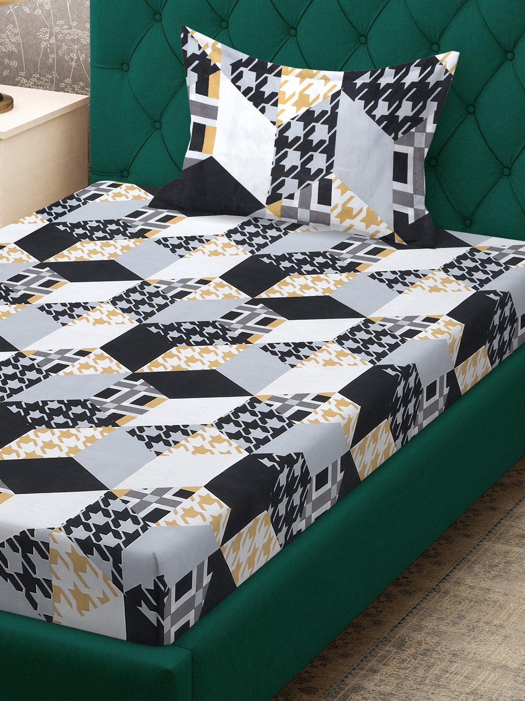 Multi Geometric 300 TC Cotton Blend Fitted Single Bedsheet Set in Book Fold Packing