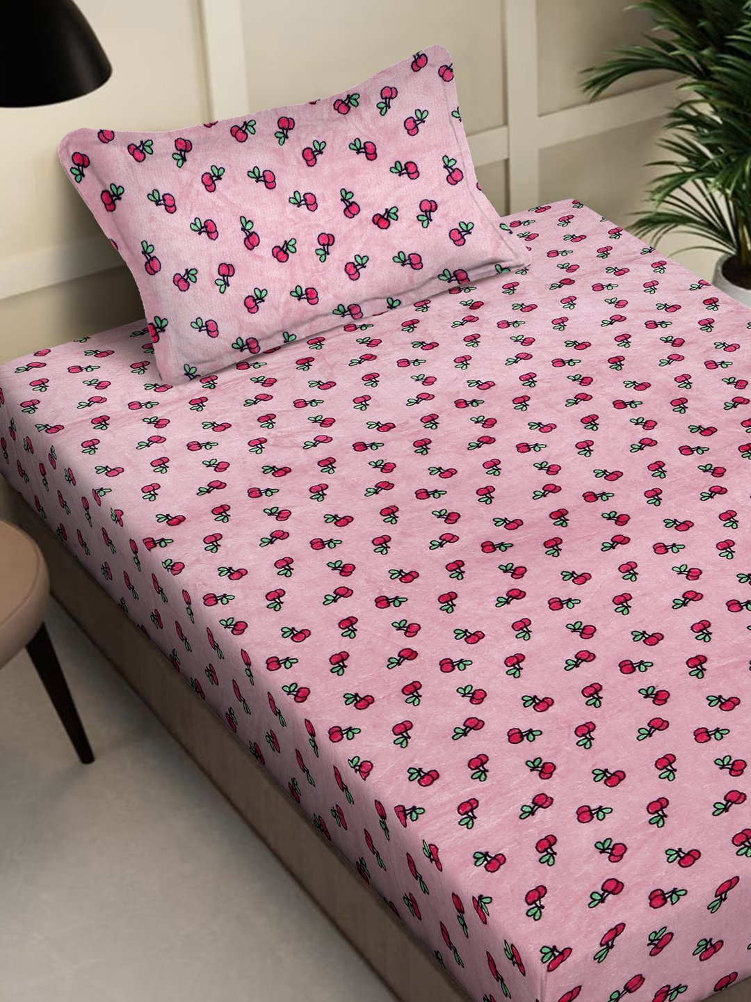 Pink Cartoon Characters Woolen Single Bed Sheet with Pillow Cover