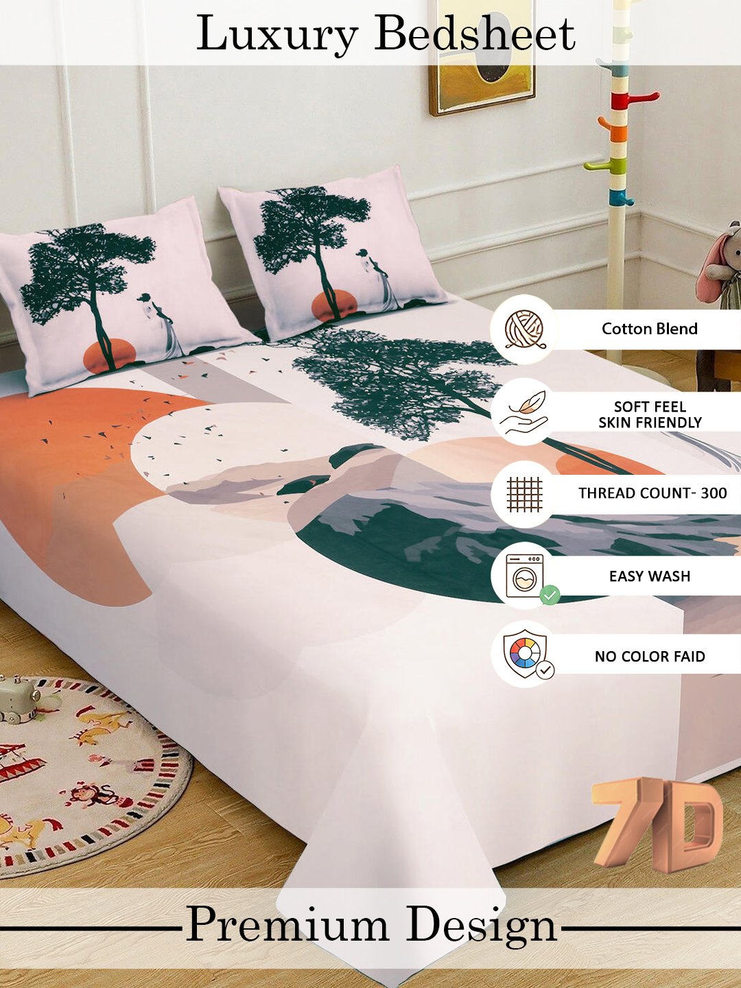 Cream Digital Abstract Printed Cotton Blend Double Bedsheet with 2 Pillow Covers