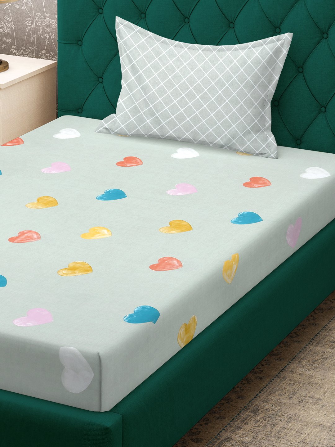Green Abstract 300 TC Cotton Blend Fitted Single Bedsheet with Pillow Cover