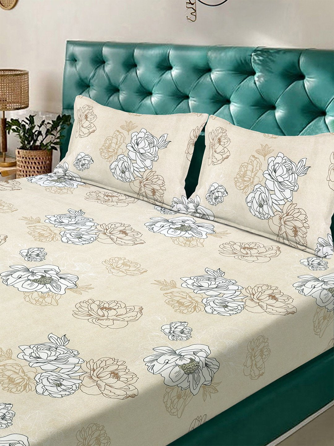 Cream Floral 300 TC Cotton Blend Double Bedsheet with 2 Pillow Covers