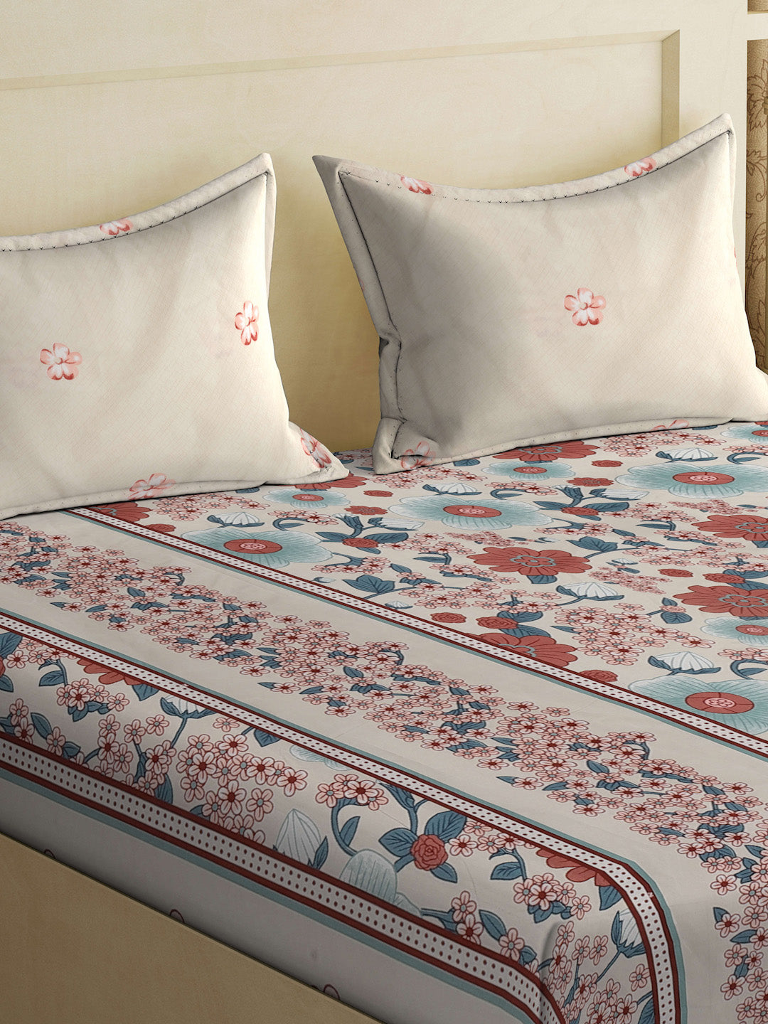 Klotthe Multi Floral 300 TC Cotton Blend Double Bedsheet with 2 Pillow Covers