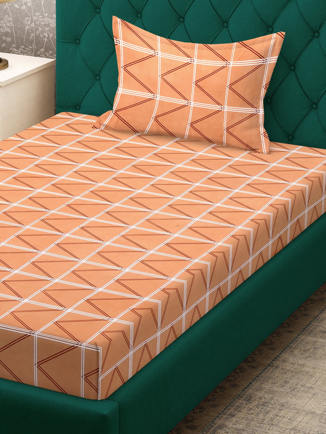 Orange Geometric 300 TC Cotton Blend Single Bedsheet with Pillow Cover