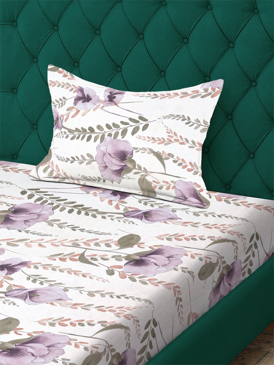 White Floral 300 TC Cotton Blend Single Bedsheet with Pillow Cover