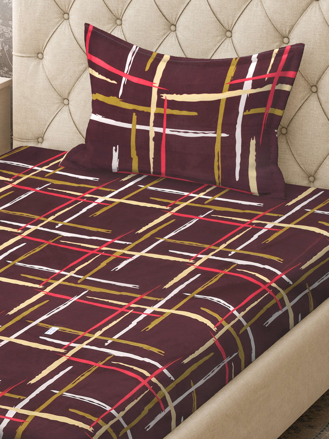 Klotthe Brown Striped 300 TC Cotton Blend Fitted Single Bedsheet with Pillow Cover