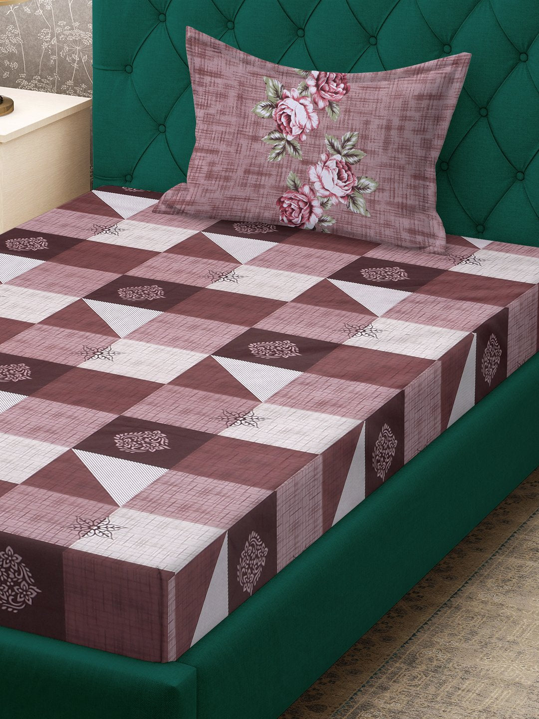 Rust Geometric 400 TC Pure Cotton Fitted Single Bedsheet with Pillow Cover