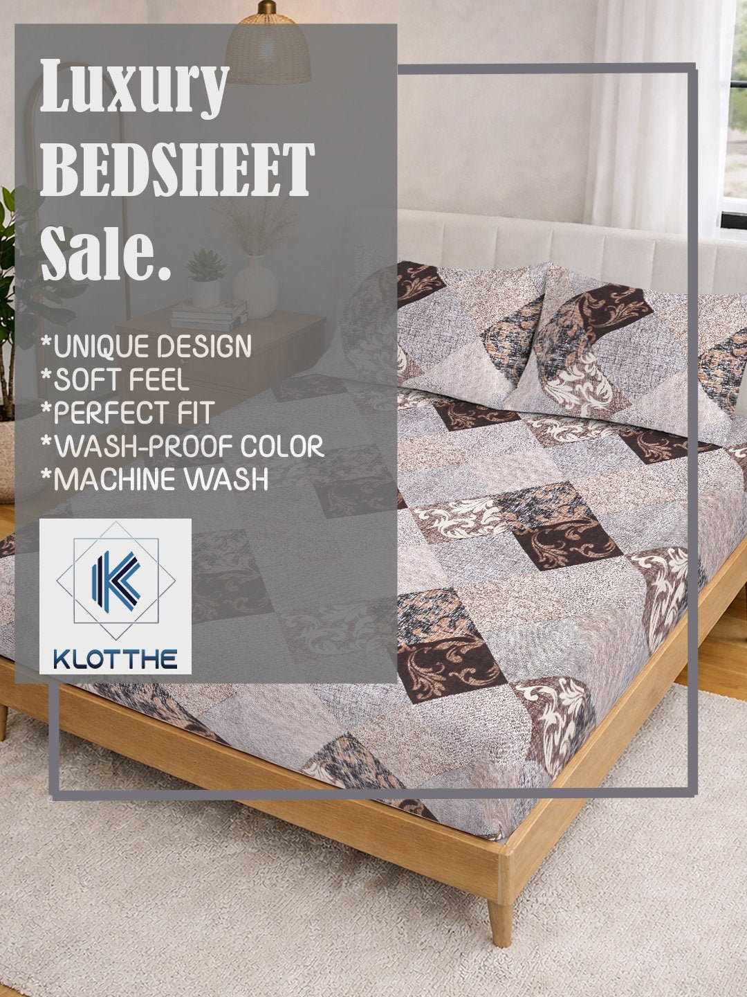 Brown Geometric Cotton Blend Fitted Double Bedsheet with 2 Pillow Covers