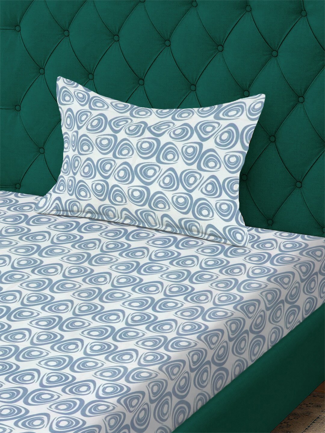Blue Geometric 300 TC Cotton Blend Fitted Single Bedsheet with Pillow Cover