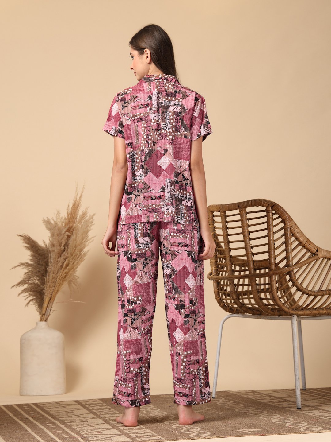 Red Geometric Cotton Blend Women Night Suit
